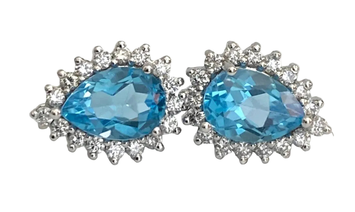 18K White Gold Topaz & 0.60CT Diamond Pear Shaped Cluster Stud Earrings