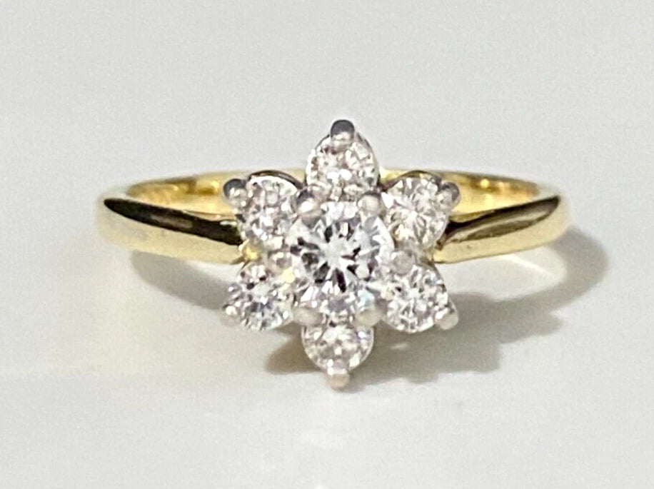 18K Yellow Gold & 0.50CT Diamond Cluster Ring Size L 1/2 - 5 7/8