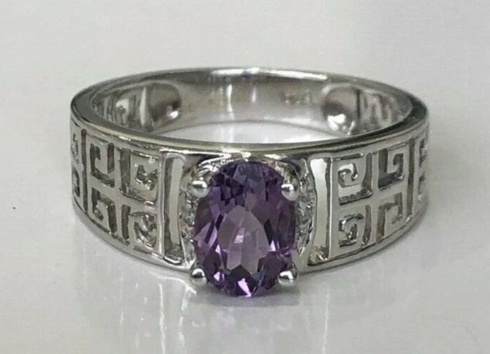 9K White Gold W/ Amethyst & Diamond Greek Key Ring Size L 1/4 - 5 3/4