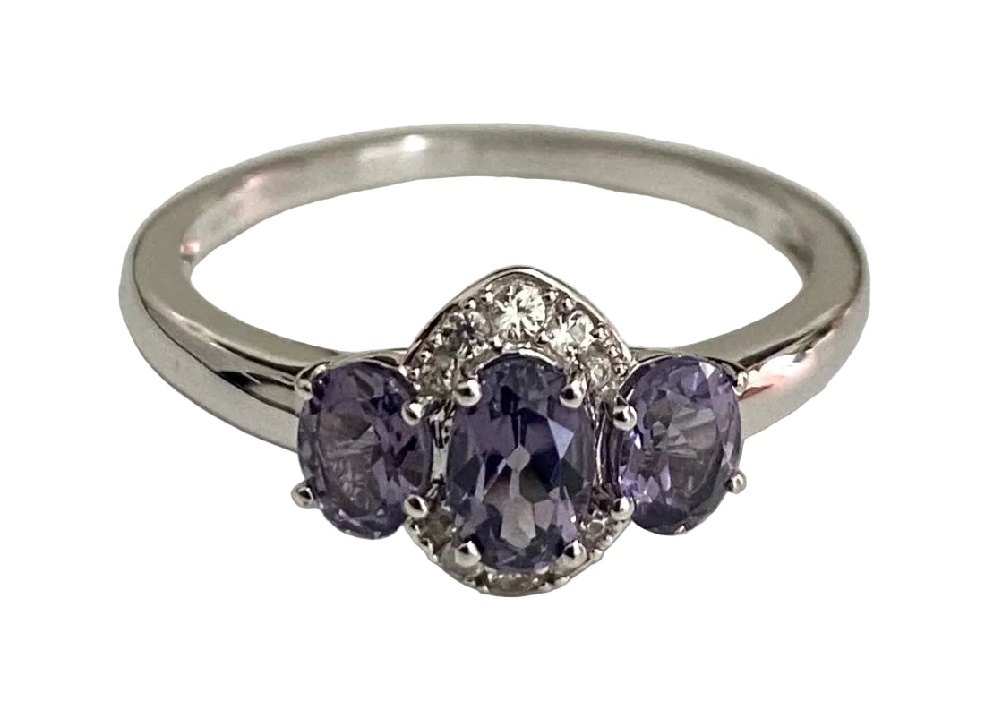 10K White Gold W/ Spinel & Natural Zircon Three Stone Ring - Size R (US 8.75)