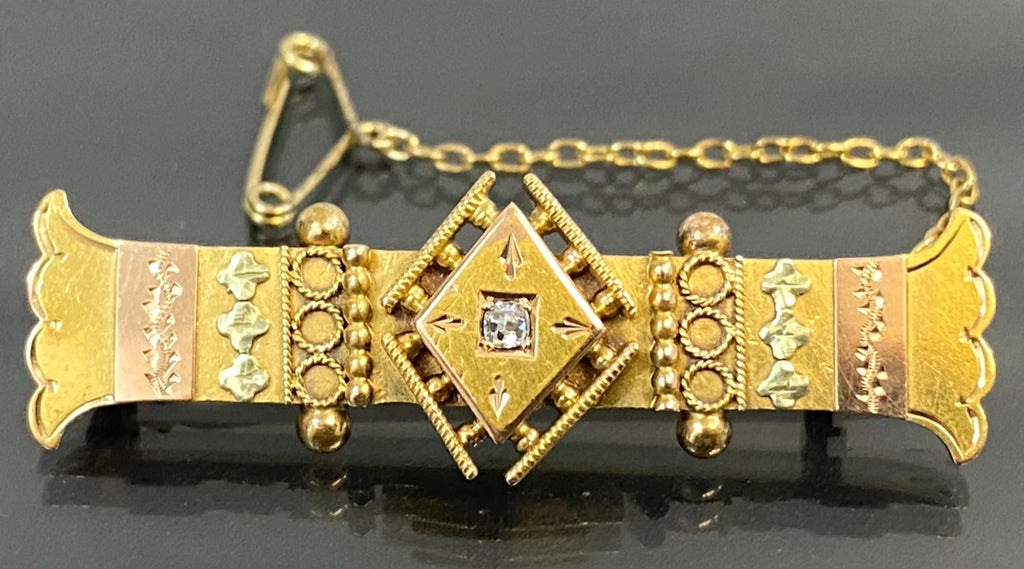 Victorian Australian 15K Yellow Gold Diamond Etruscan revival Bar Brooch 40mm