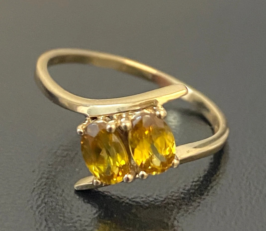 10ct Yellow Gold Two Stone Yellow Sphene Bypass Ring Size P (US 7 3/4)