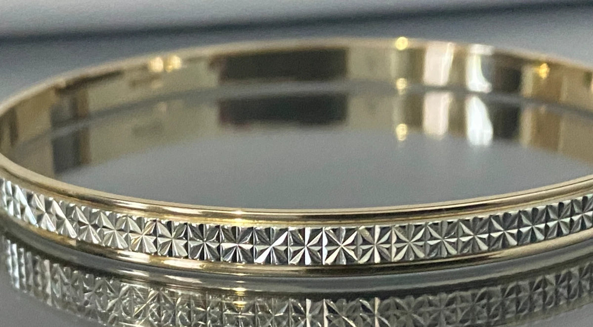 9K Two Color Gold Round Patterned Bangle 64mm