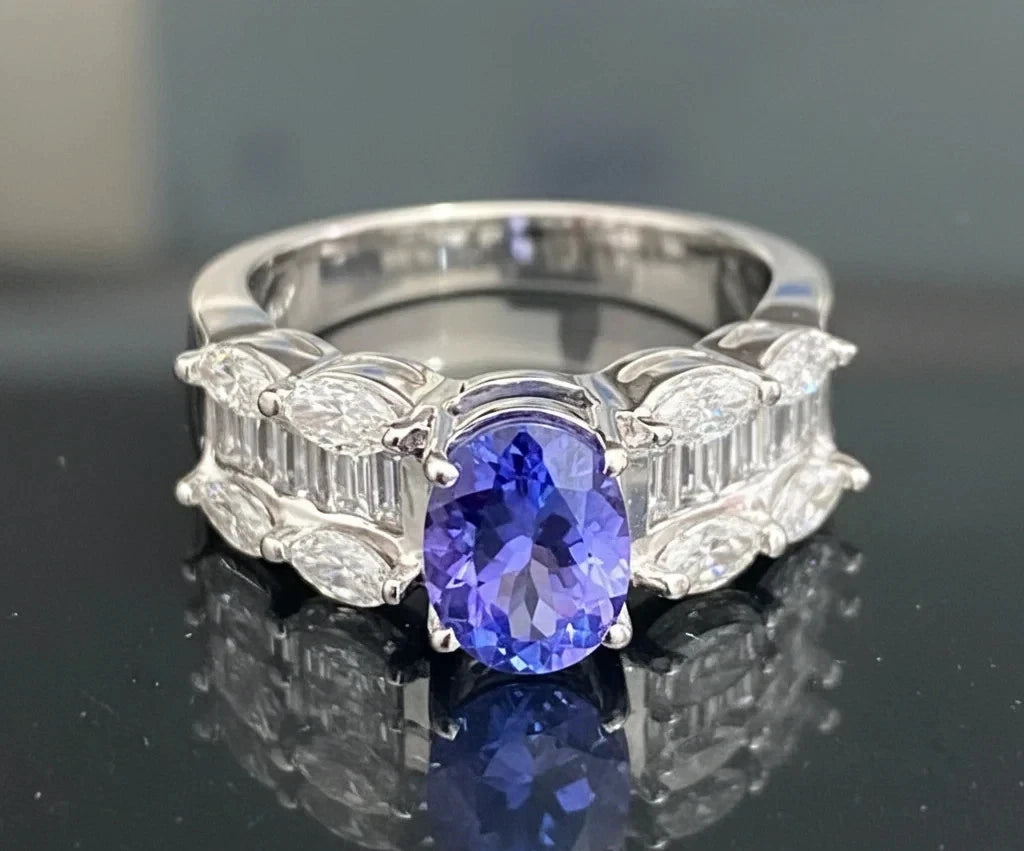 14K White Gold Tanzanite & Diamond Dress Ring - 1.20ct Diamond Size M (US 6.25)