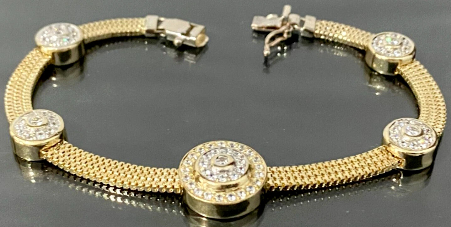 14K Yellow Gold & Cubic Zirconia Mesh Bracelet 18.5cm Long