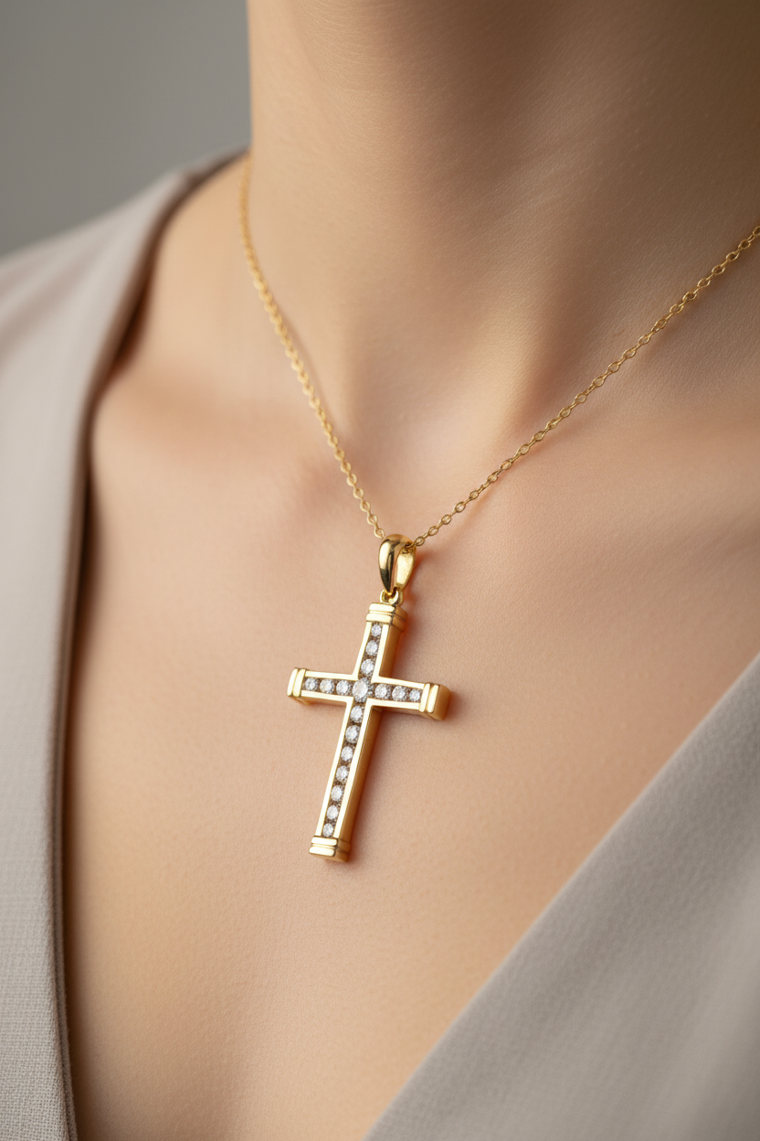 14K Solid Yellow Gold Diamond Cross Pendant – Approx. 0.45CT