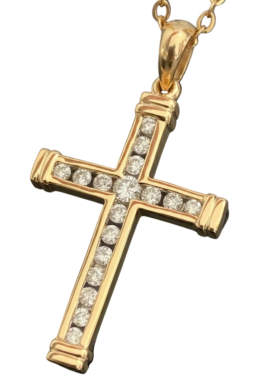 14K Solid Yellow Gold Diamond Cross Pendant – Approx. 0.45CT