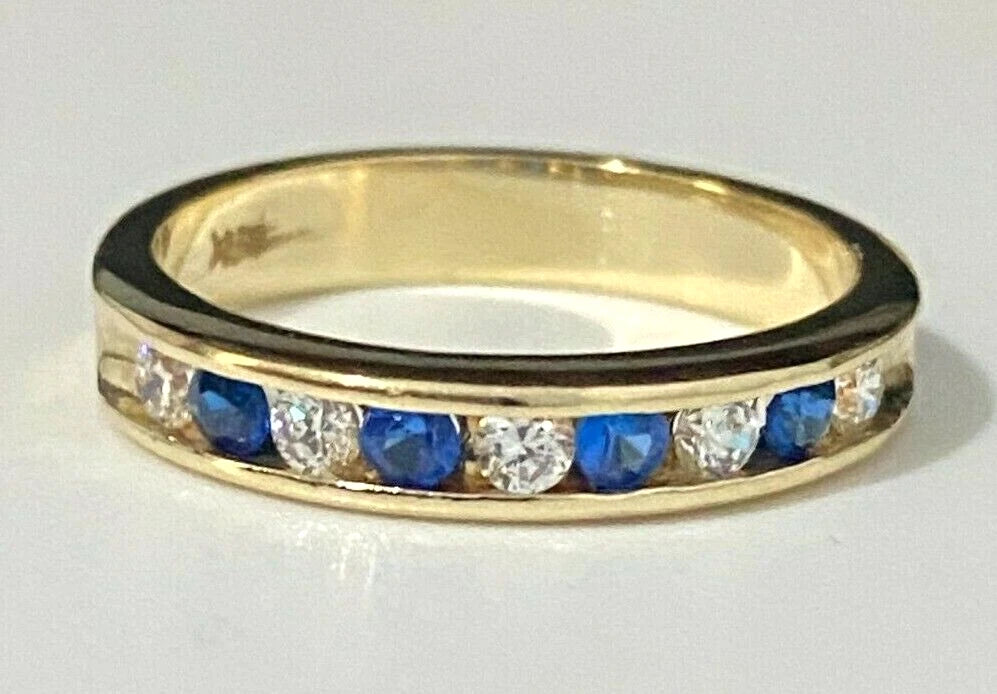 14K Yellow Gold W/ Blue & White CZ Channel Band Ring size M 1/2 - 6 1/4
