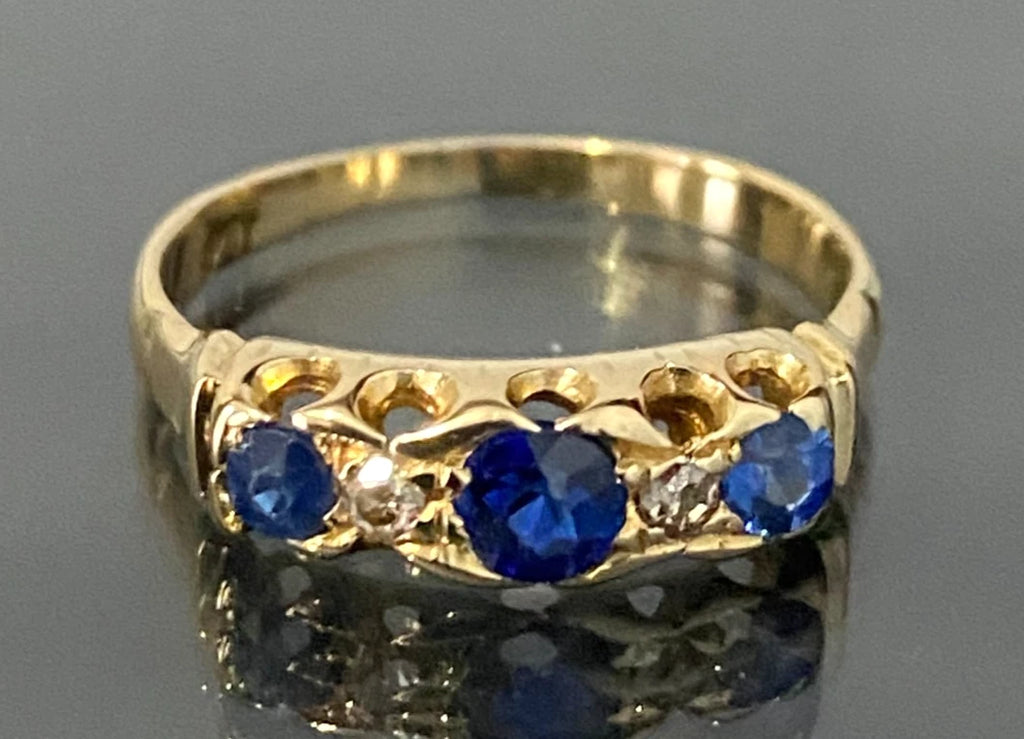 Edwardian 18K Yellow Gold W/ Sapphire & Diamond Ring Size N - 6 3/4