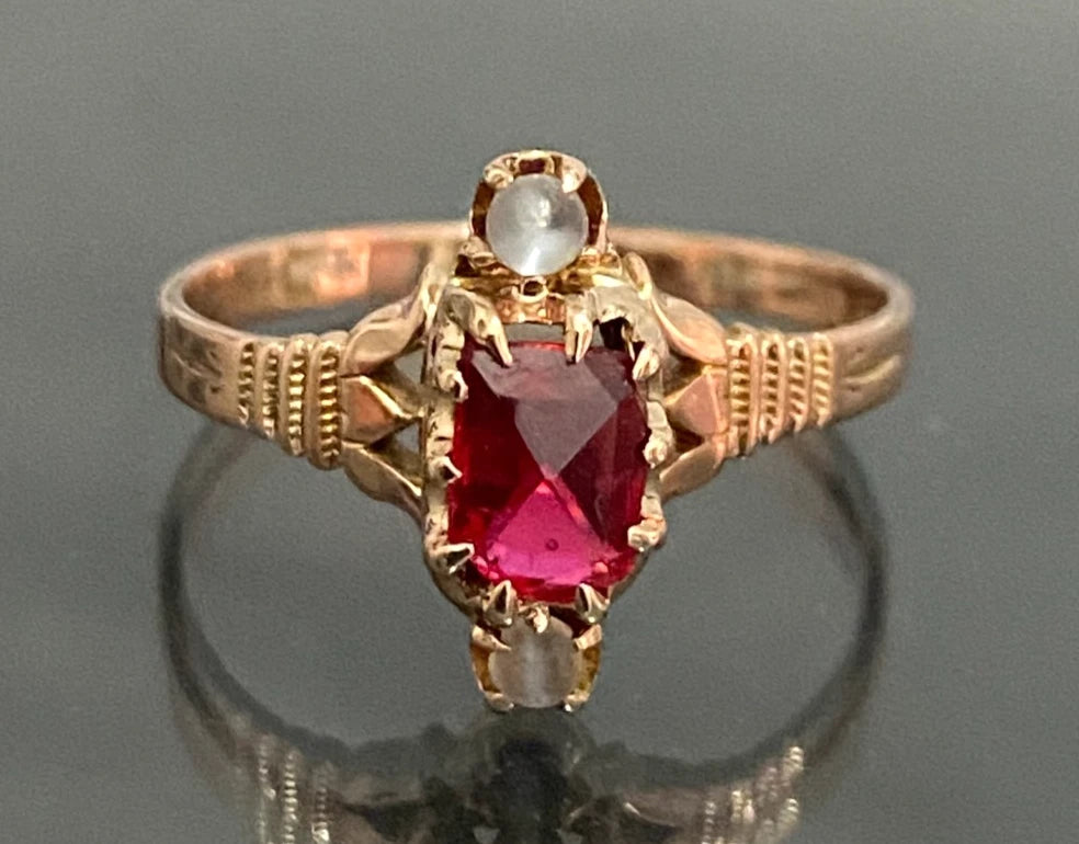 Antique 10K Rose Gold Red Paste Moonstone Ring Size P (US 7.75)