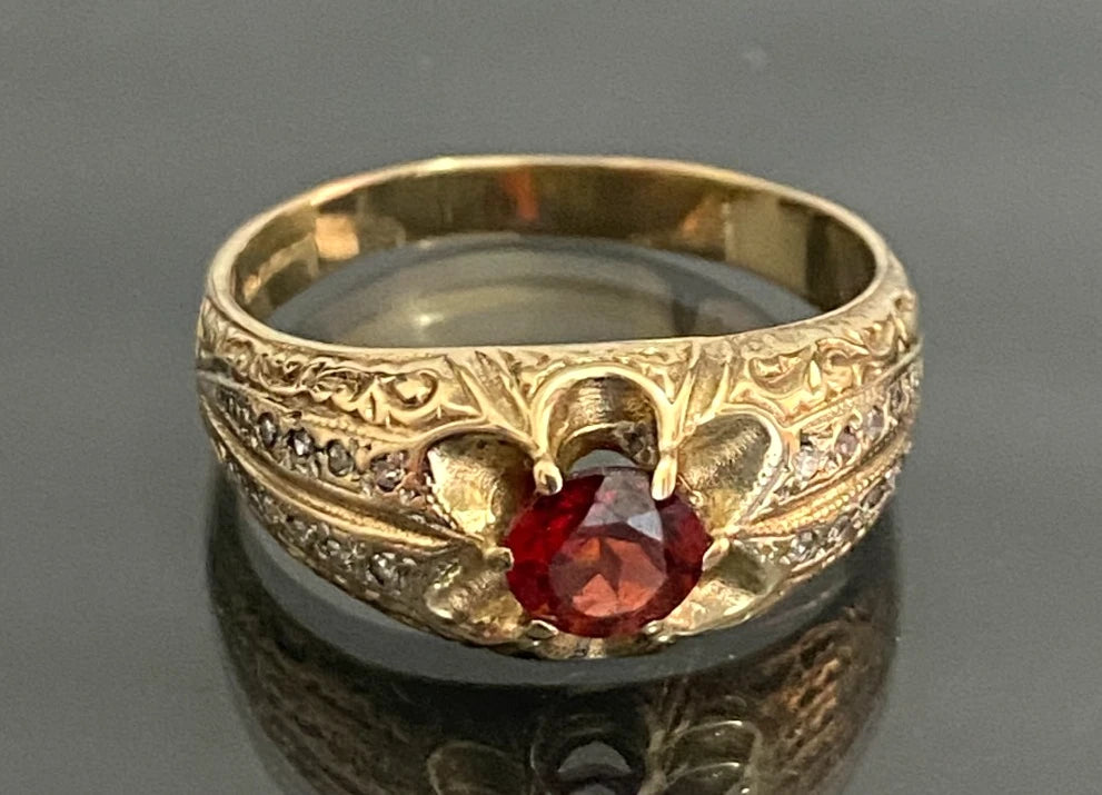 Vintage 9ct Gold Garnet & Diamond Ornate Gypsy Ring – Size X (US 11.75)