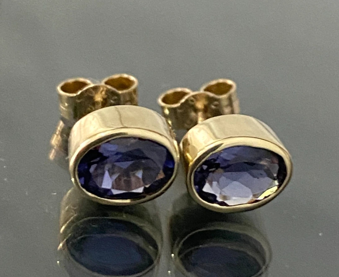 9K Yellow Gold & Iolite Bezel Set Stud Earrings