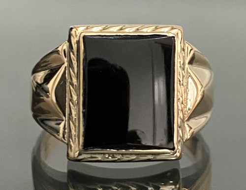 10K Rose Gold Onyx Men's Signet Ring Size Q 1/2 (US 8.5) - Vintage Jewellery