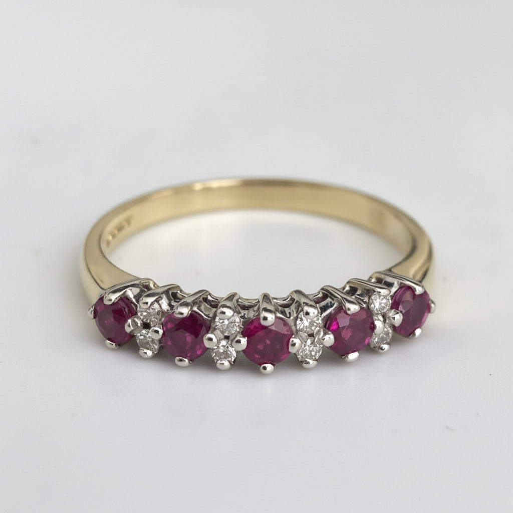 18ct Yellow Gold Ruby Diamond Half Eternity Anniversary Ring – Size R (US 8.75)