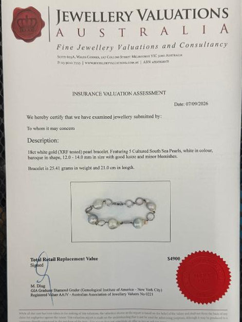 18K White Gold South Sea Baroque Pearl Bracelet 21cm Long